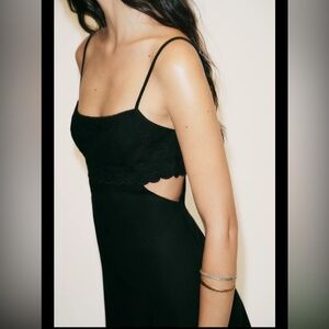 Zara limited edition cutout embroidered Black cotton linen blend Dress